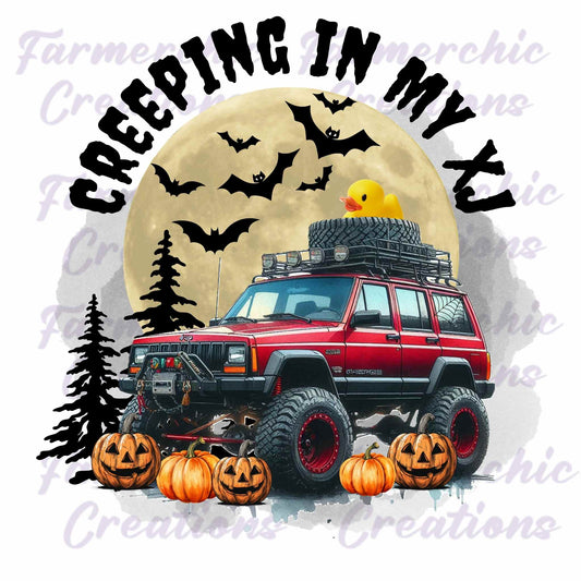 Creeping in My XJ | Halloween Jeep Cherokee PNG | Spooky Off-Road Sublimation Design | Moon Bats Pumpkins Fall PNG