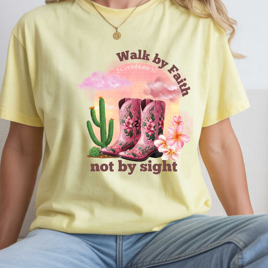 Walk by Faith Not by Sight Western Boots Shirt | Christian Cowgirl Tee | Faith-Based Country Graphic T-Shirt | Rustic Floral Boot Tee